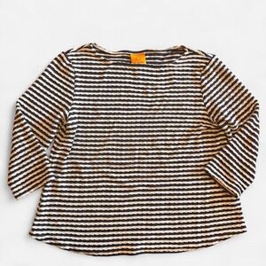 Ruby Rd. Women's Top White Navy Scalopped Ric-Rac Stripes Soft Half Sleeves S M